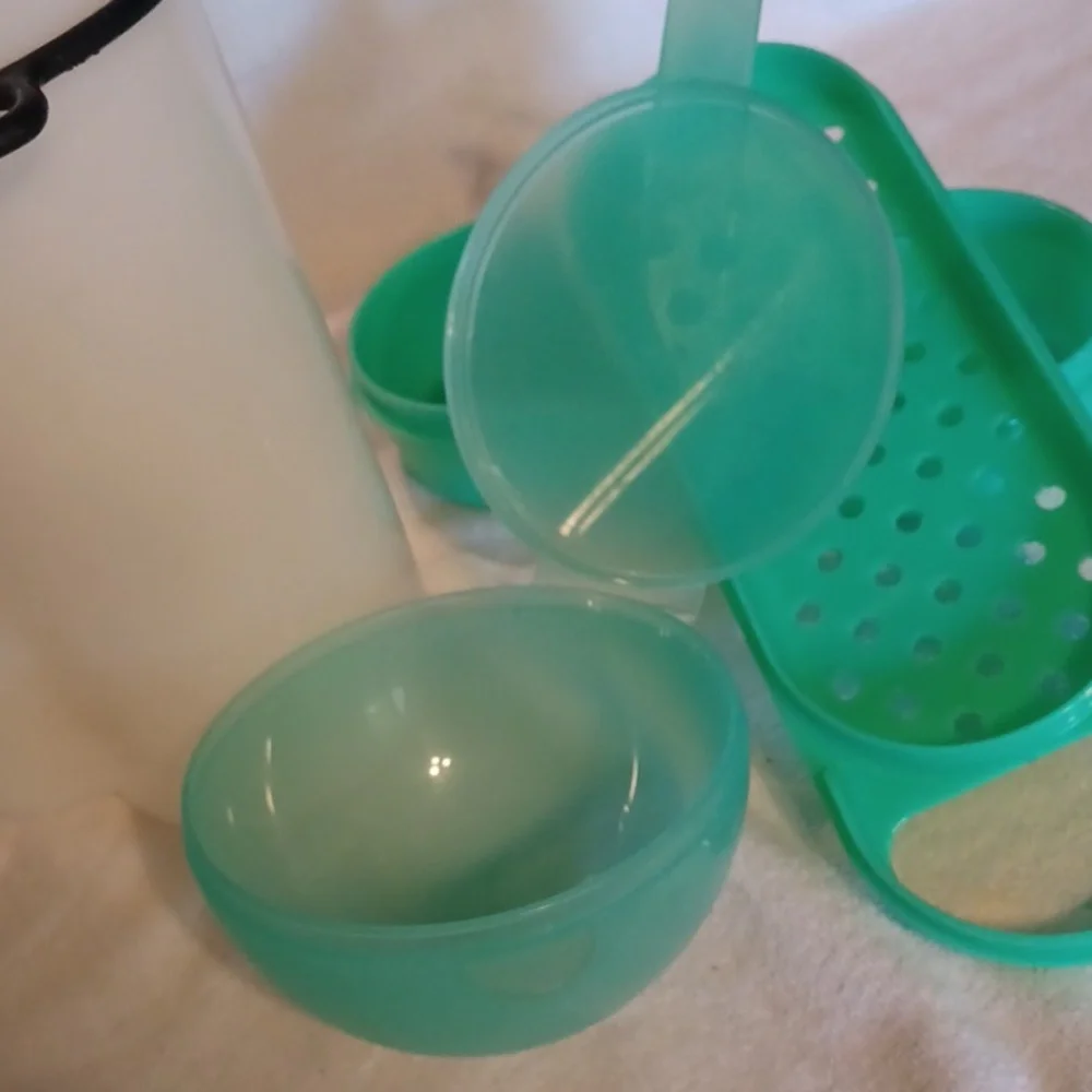 Tupperware Teal and White Kitchen Set Grater Onion Keeper Pitcher Cheese Keeper